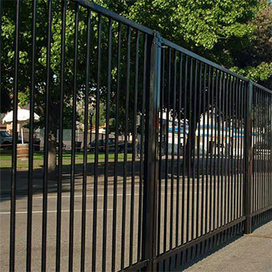 Black iron fence panels rental near Tower District in Fresno, CA from Event Factory Rentals.