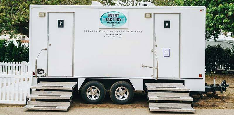 Front view of restroom trailer near Brookhaven in Fresno, California from Event Factory Rentals.