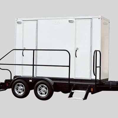 Front view of the Selfie, a Jefferson restroom trailer rental from Event Factory Rentals.
