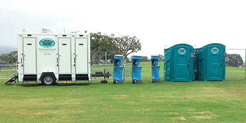 Portable toilets and luxury restroom trailer near Mission Hills, California rented for special outdoor event.